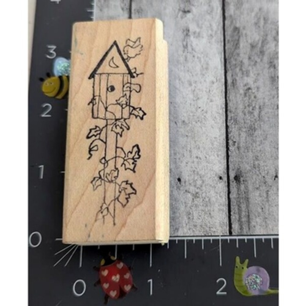 Bird House Pole Ivy Leafy Plant Rubber Stamp Wood #D98
